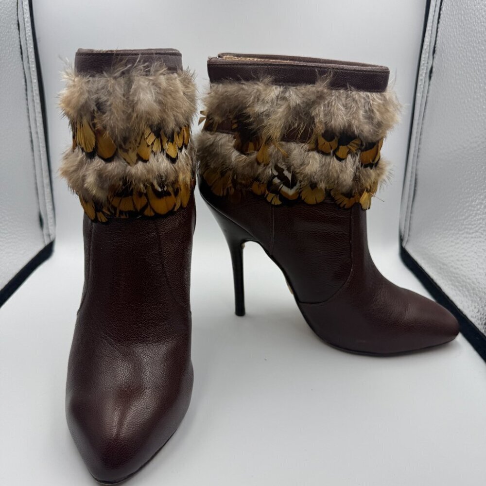 bebe Brown Leather Ankle Booties with Feather Trim